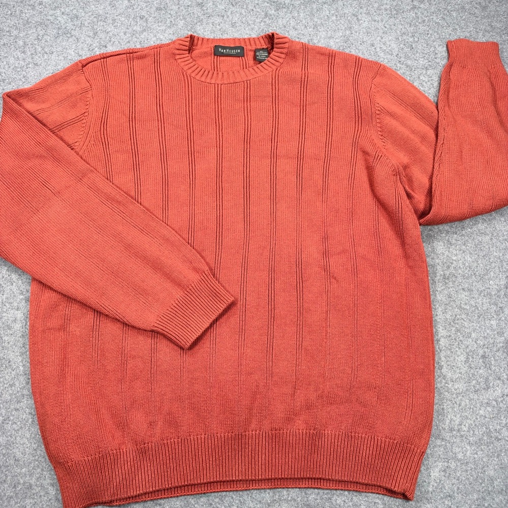Van Heusen Mens XL Rust Orange Vertical Ribbed Knit 100% Cotton Crewneck Sweater